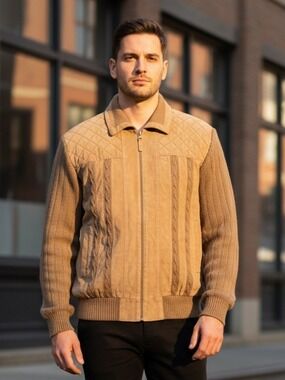 Vintage Original Windbreaker Leather Suede Knit Bomber Jacket Tan Large Western